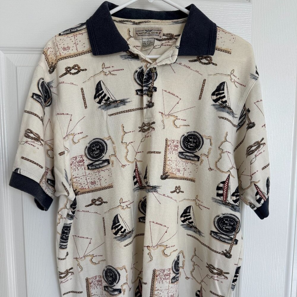 VINTAGE Natural Issue Mens Polo Nautical Shirt Size Large Off-White